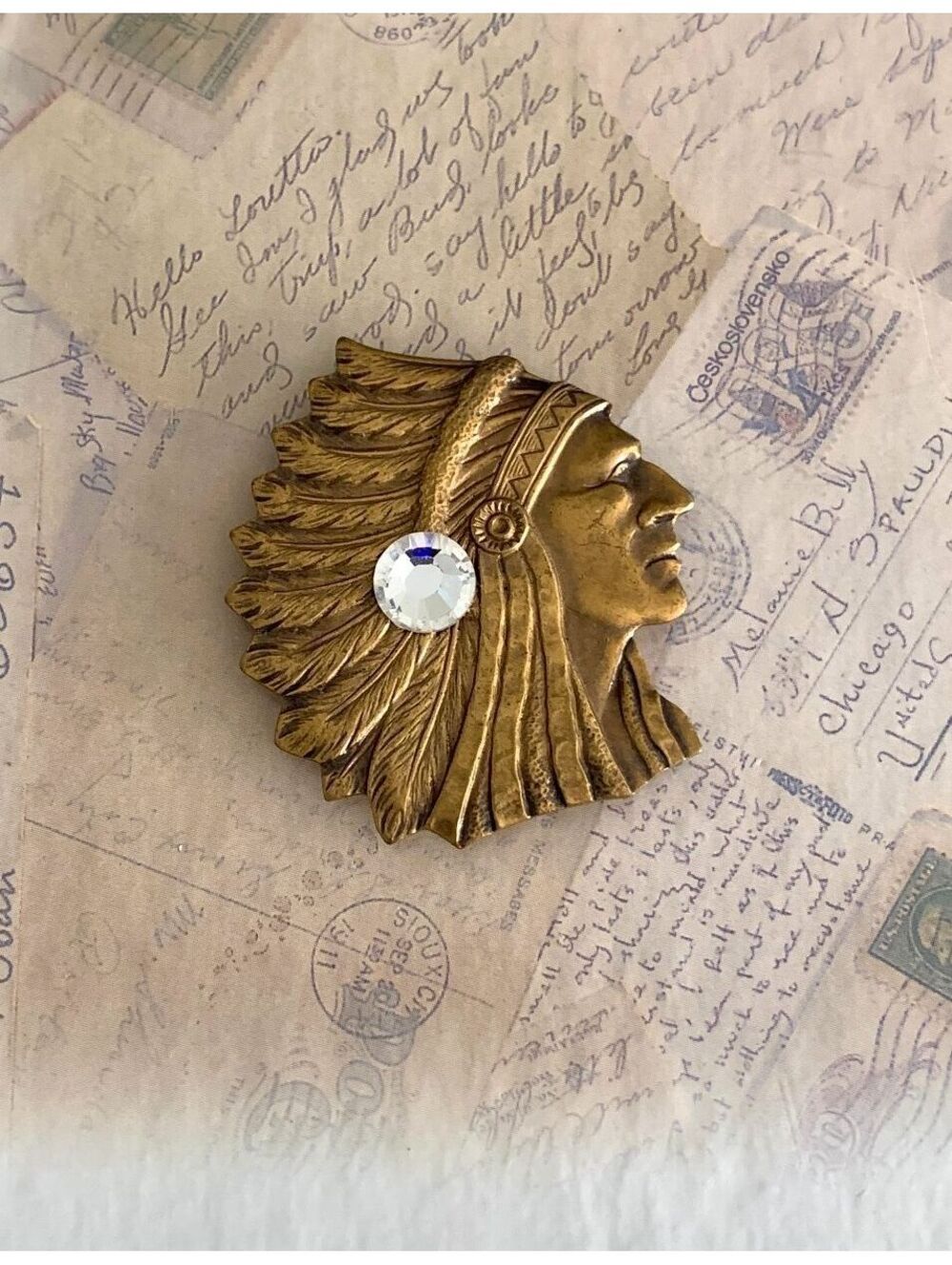 Handmade Magnet Brooch with Swarovski Crystals Bold Native American Chief Head